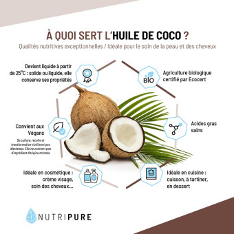 Huile de Coco Bio - Qualité supérieure, riche en acide laurique (56%) et  goût léger.
