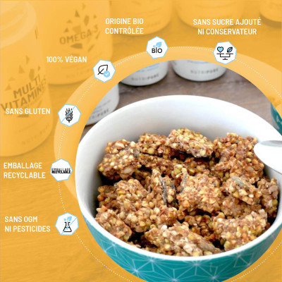 granola multigraines bio sans gluten, vegan sans sucre ajouté ni conservateur sans ogm ni pesticides