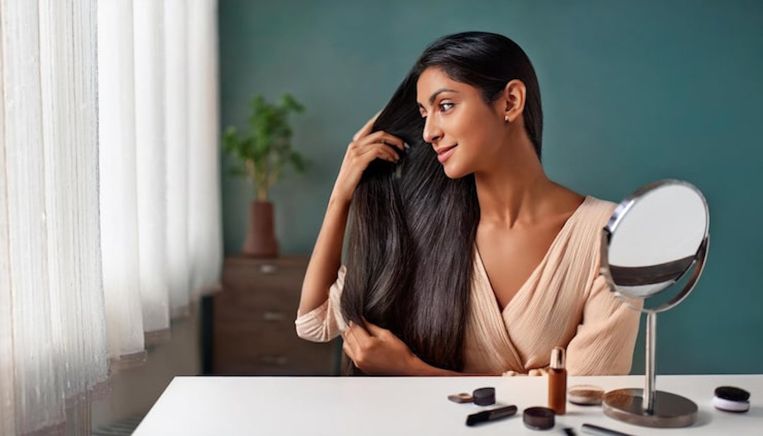 Une femme qui regarde les bienfaits de l'oméga 3 sur ses cheveux