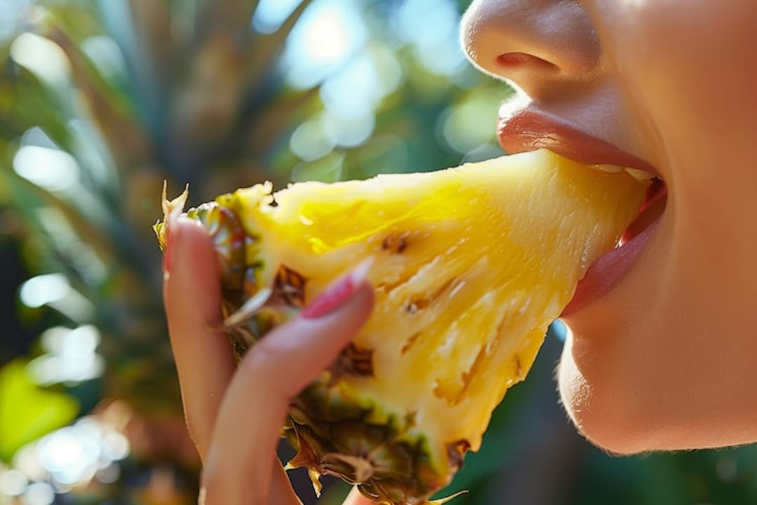 Une femme qui mange de l'ananas pour les bienfaits du bromelaine