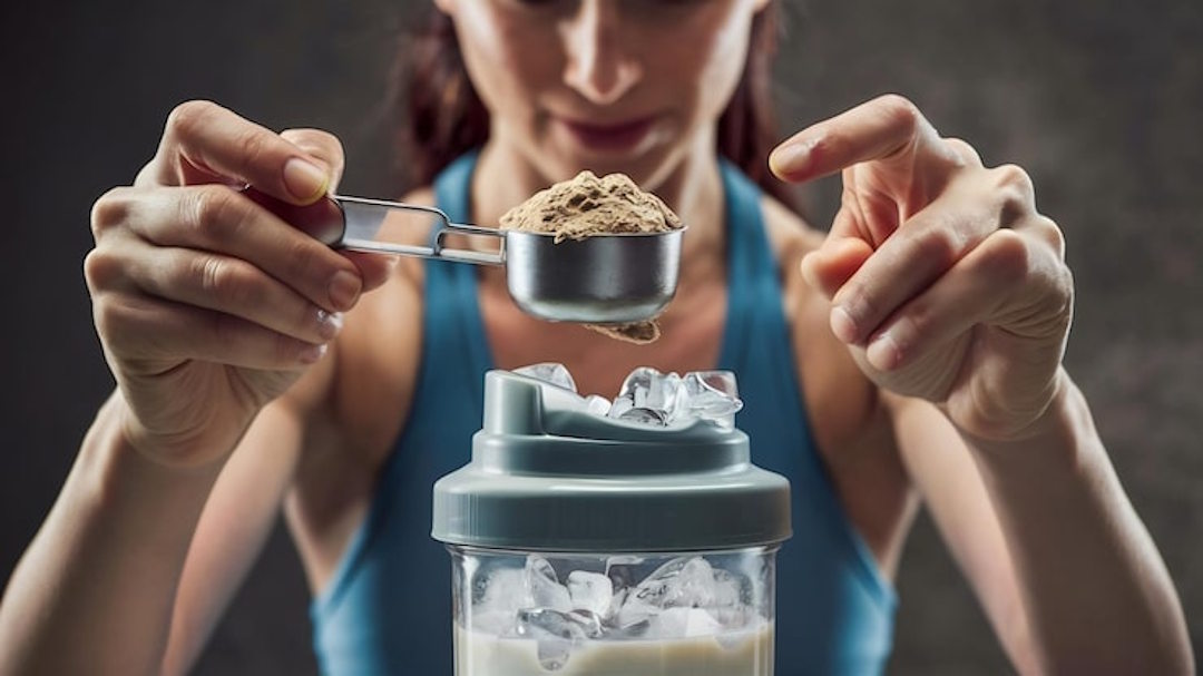 Une femme qui dose de la glutamine en poudre
