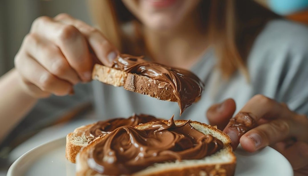 Une personne qui mange du pain avec de la p&acirc;te &agrave; tartiner