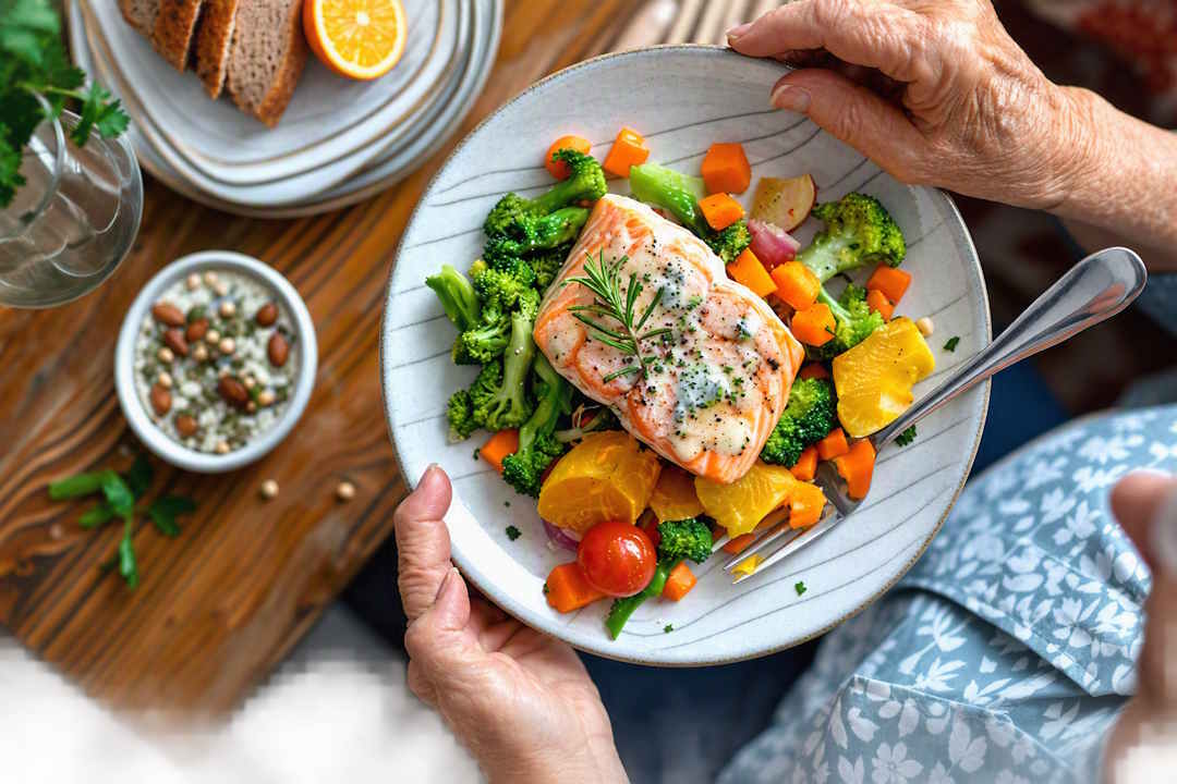 Une personne âgée qui mange du poisson, complément alimentaire