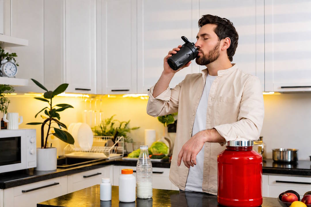 Un homme qui prends son whey à la maison