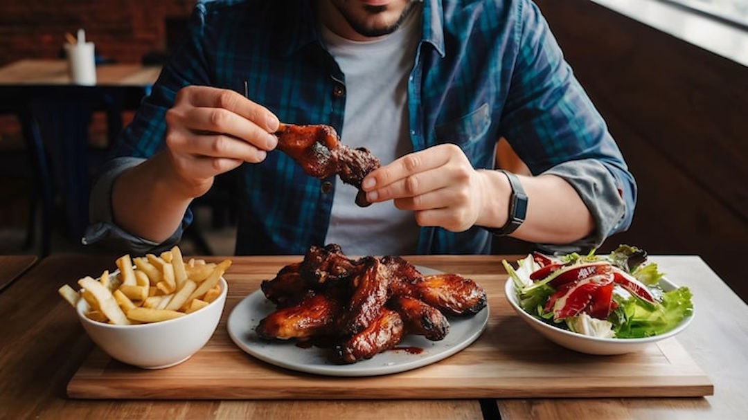 Un voyageur qui mange de la viande au restaurant et tourista