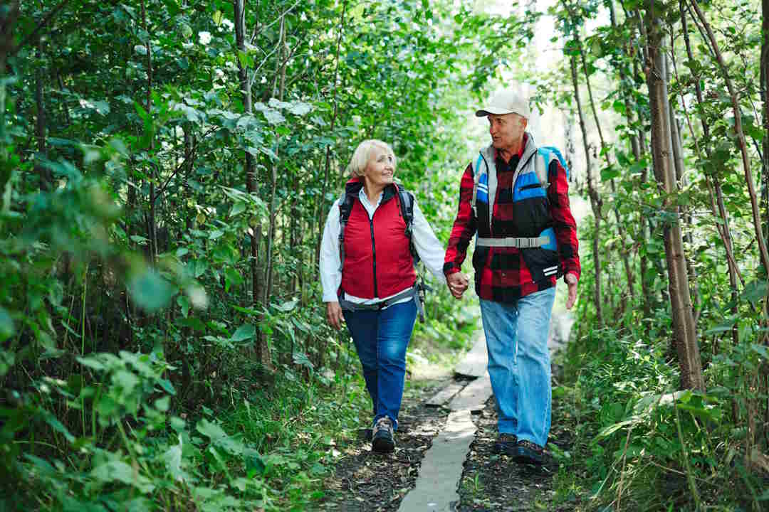 Deux personnes âgées qui font de la marche dans la forêt pour leur santé