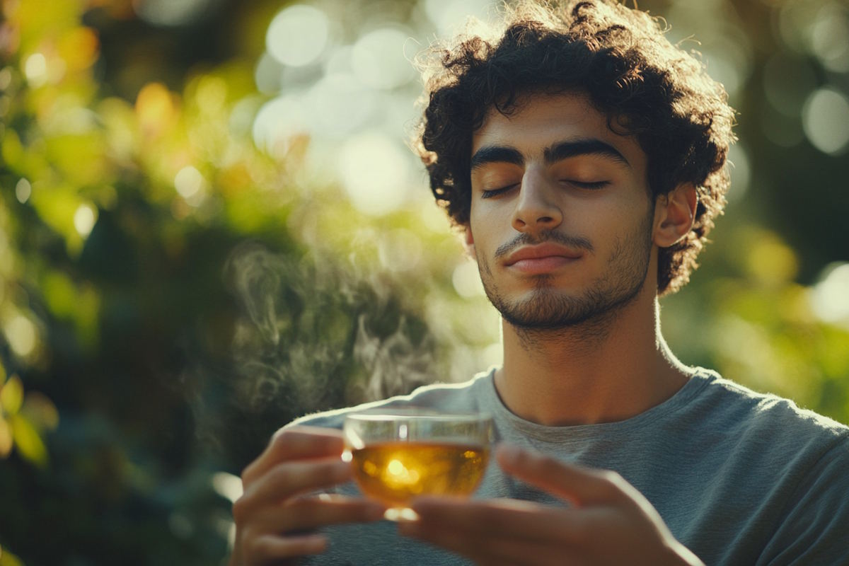 Un homme qui boit de la tisane de Mélisse pour les bienfaits