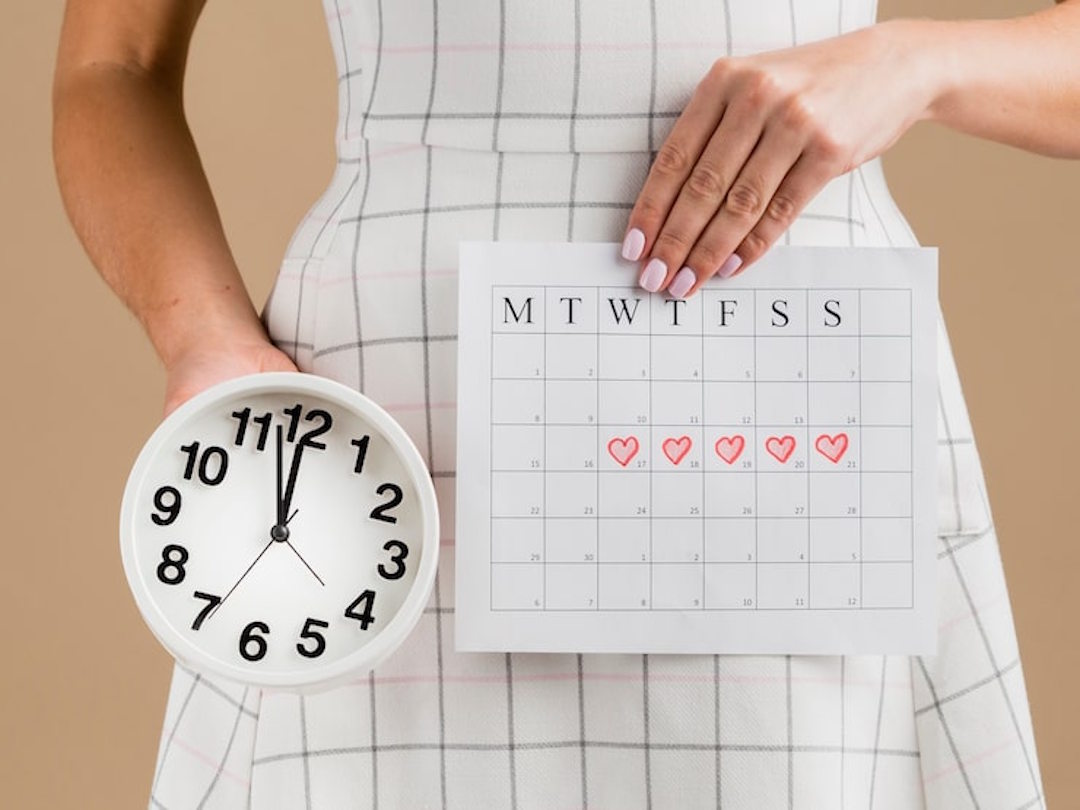 Une femme qui tient une montre et un calendrier de cycle  menstruel