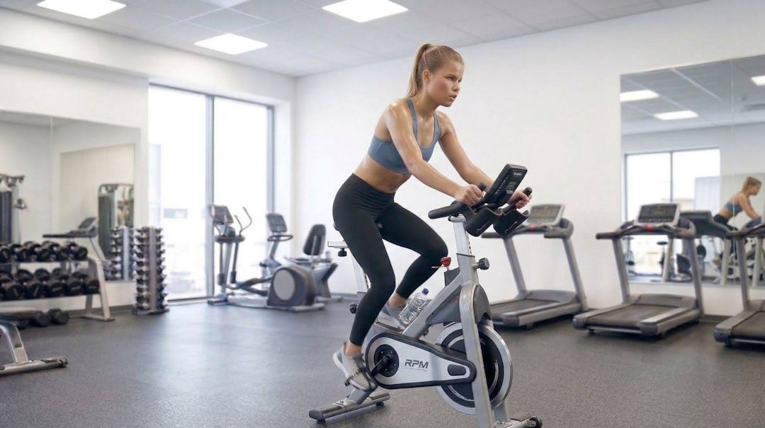 Une femme qui fait du vélo à la salle de sport