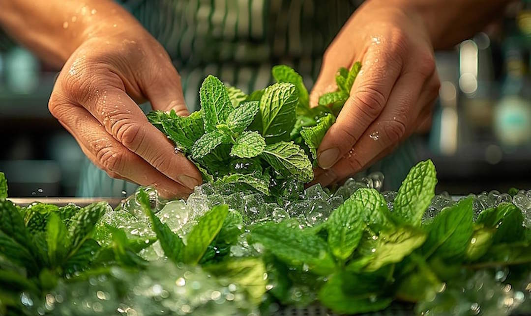 Une personne qui pr&eacute;pare des feuilles de menthe