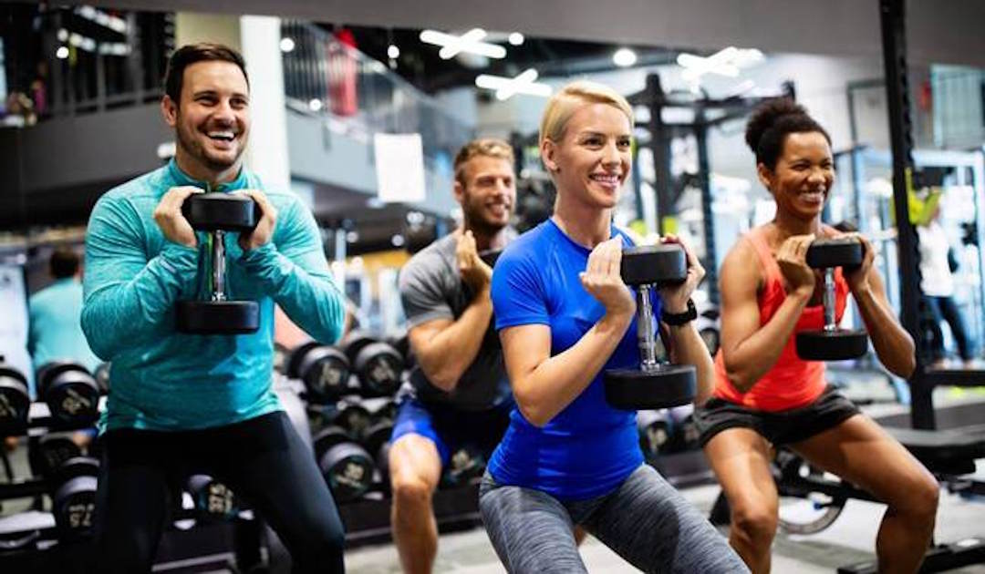 Des groupes de personnes qui font du squat dans une salle de sport