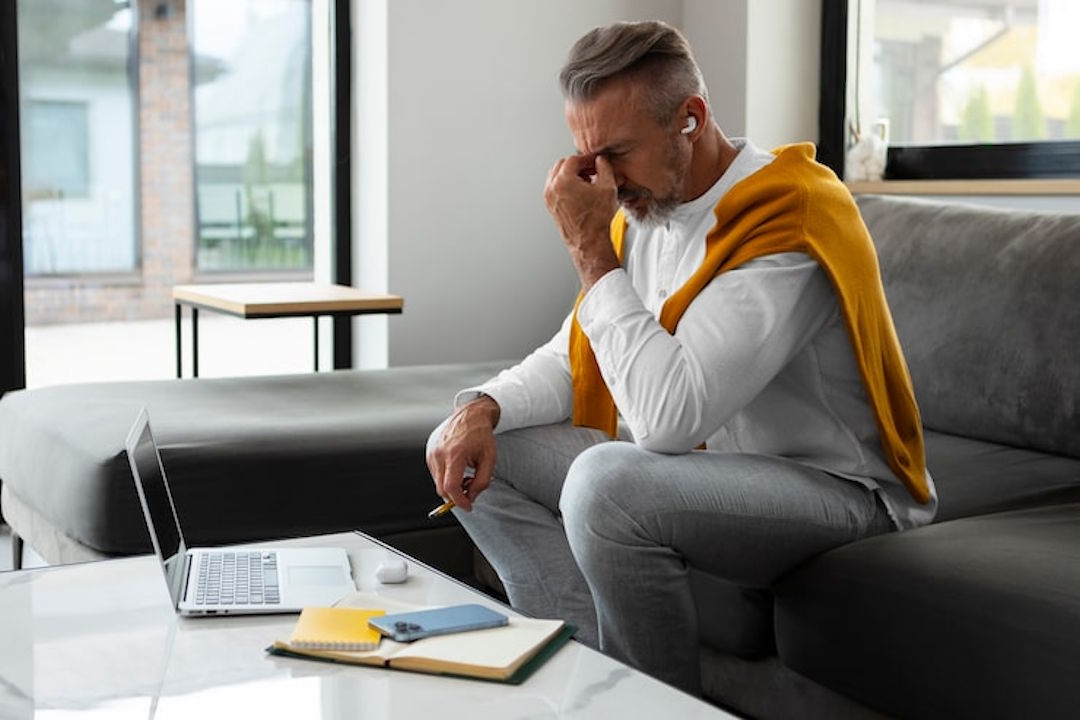 Un homme qui travaille depuis son canapé et qui ferme les yeux de fatigue